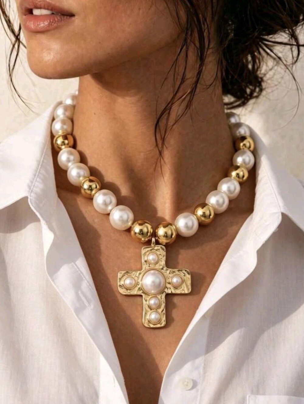 Gold and White Pearl Cross Pendant Necklace - Women's Jewelry
